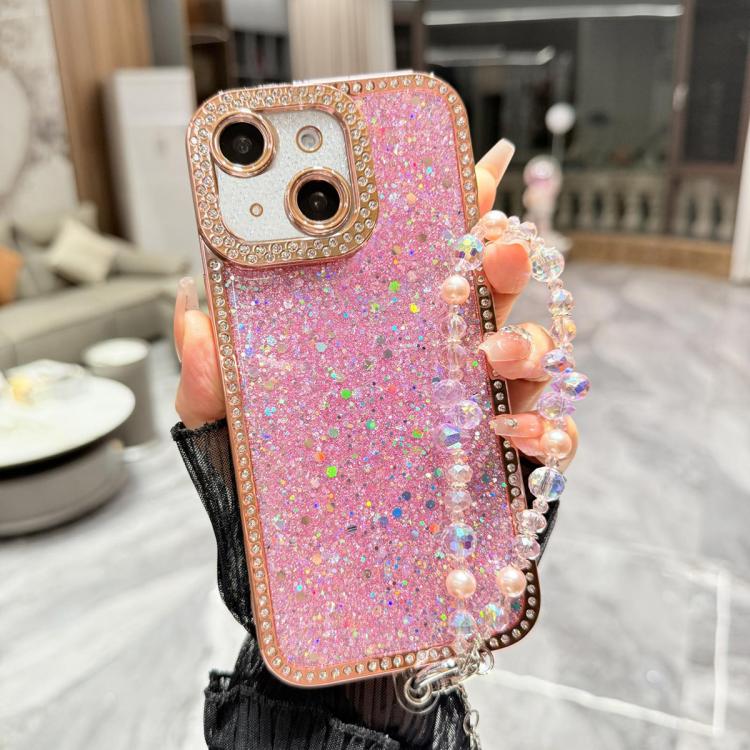 For iPhone 13 Diamond Glitter Sequins TPU Phone Case with Bracelet Chain