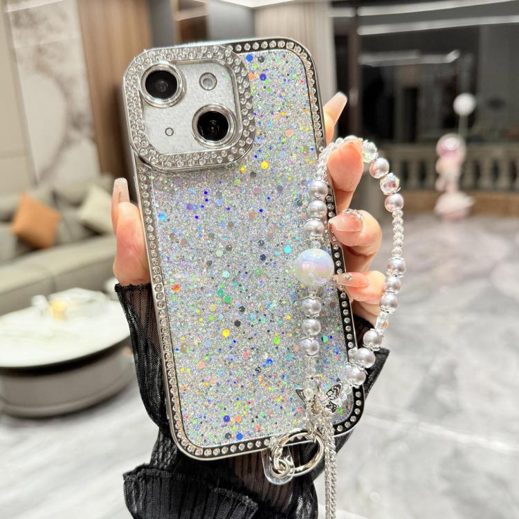 For iPhone 13 Diamond Glitter Sequins TPU Phone Case with Bracelet Chain