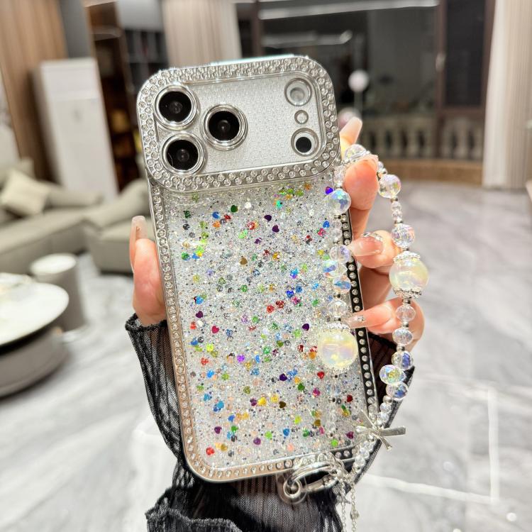 For iPhone 17 Pro Max Diamond Glitter Sequins TPU Phone Case with Bracelet Chain