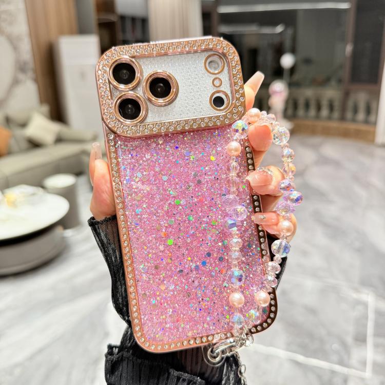 For iPhone 17 Pro Max Diamond Glitter Sequins TPU Phone Case with Bracelet Chain