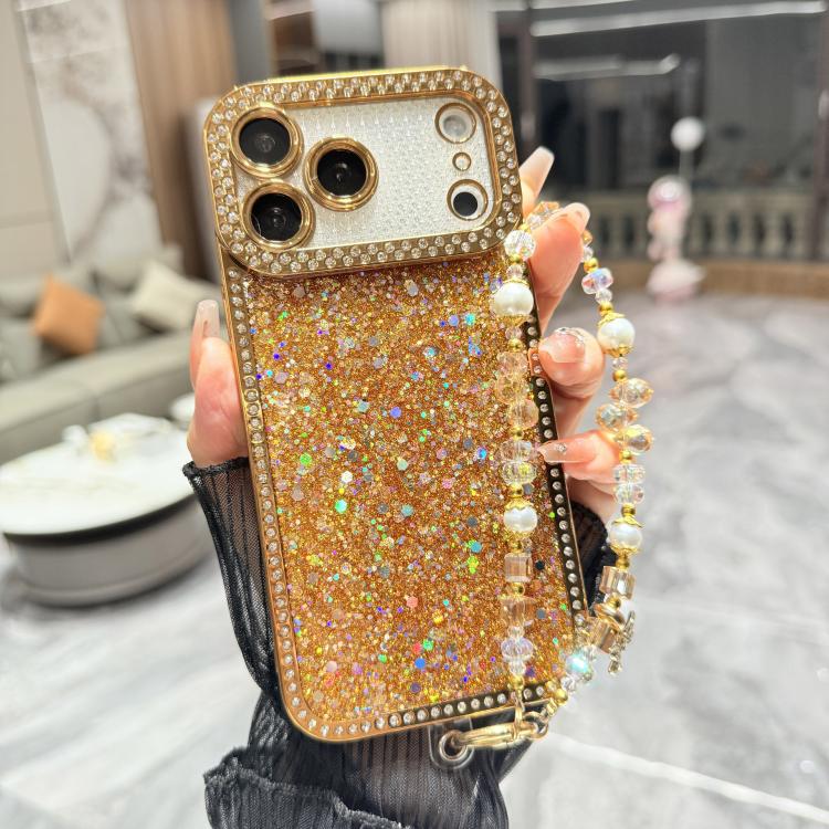 For iPhone 17 Pro Max Diamond Glitter Sequins TPU Phone Case with Bracelet Chain