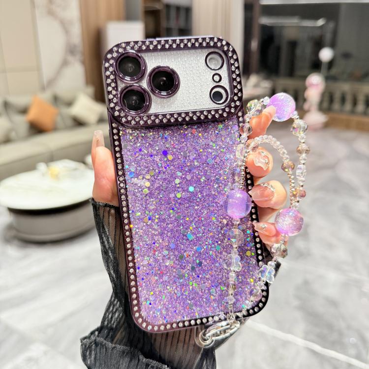 For iPhone 17 Pro Diamond Glitter Sequins TPU Phone Case with Bracelet Chain