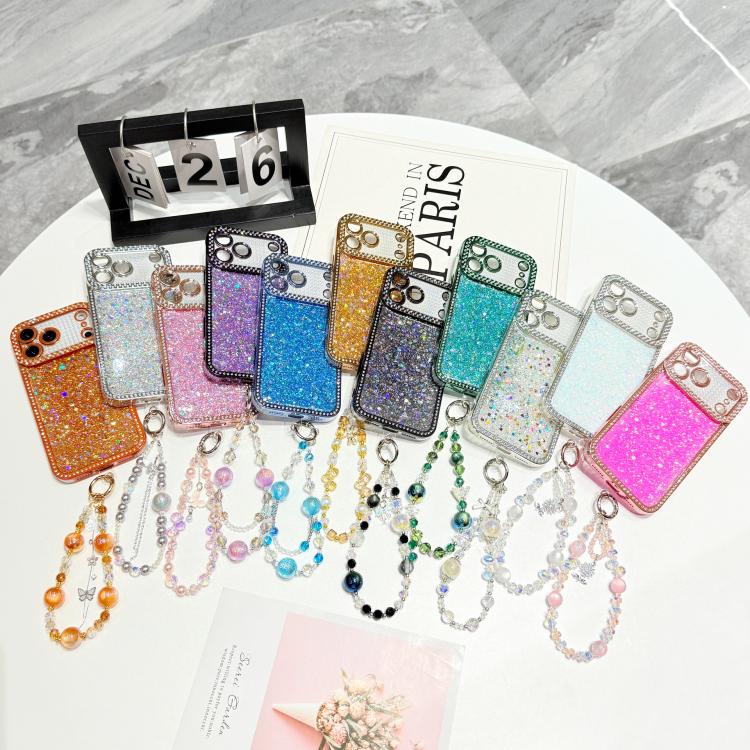 For iPhone 17 Diamond Glitter Sequins TPU Phone Case with Bracelet Chain