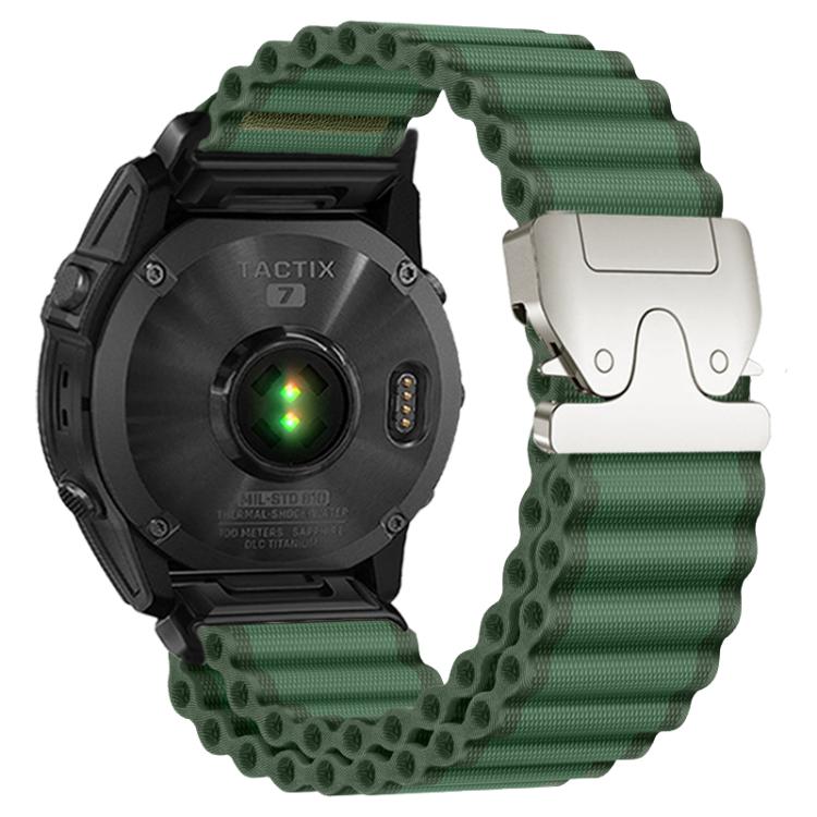 For Gamin 26mm Parachute Buckle Off Road Wide Ribbed Nylon Watch Band - Green Silver