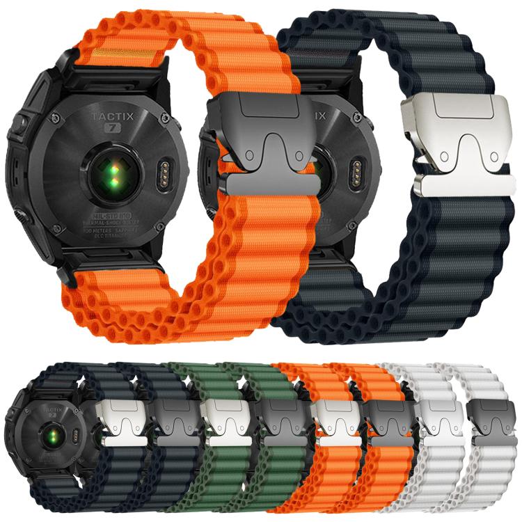 For Gamin 26mm Parachute Buckle Off Road Wide Ribbed Nylon Watch Band - Green Silver