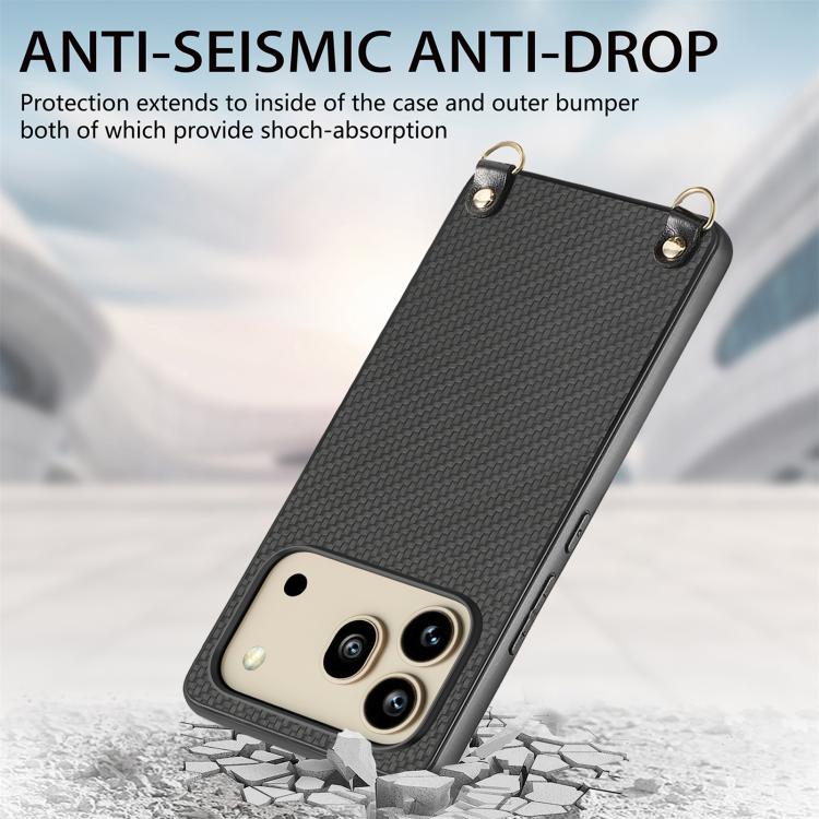 For Honor 600 Global Carbon Fiber Texture Leather Back Cover Phone Case with Crossbody Strap