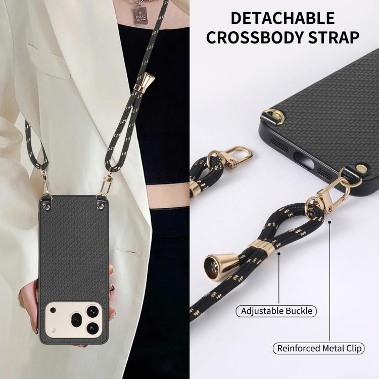 For Honor 600 Pro Global Carbon Fiber Texture Leather Back Cover Phone Case with Crossbody Strap