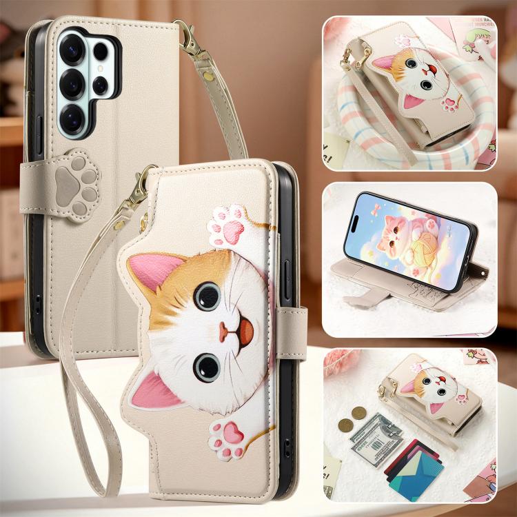 For Galaxy S26 Ultra 5G Cat-shaped Zipper Wallet Vegan Leather Phone Case with Strap