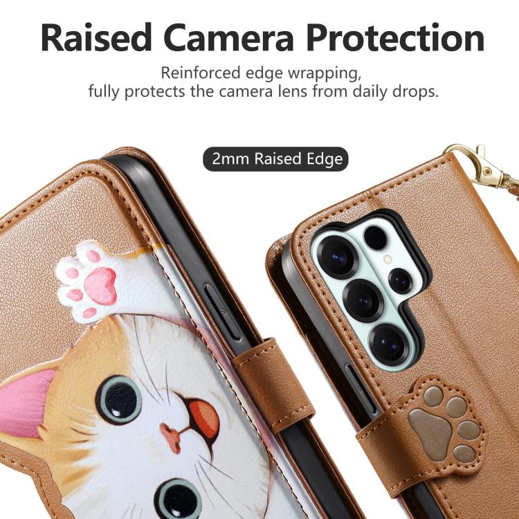 For Galaxy S25 Ultra 5G Cat-shaped Zipper Wallet Vegan Leather Phone Case with Strap