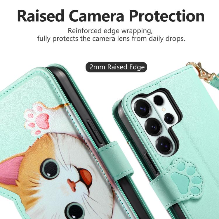 For Galaxy S25 Ultra 5G Cat-shaped Zipper Wallet Vegan Leather Phone Case with Strap
