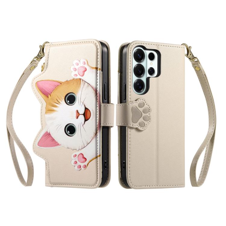 For Galaxy S25 Ultra 5G Cat-shaped Zipper Wallet Vegan Leather Phone Case with Strap