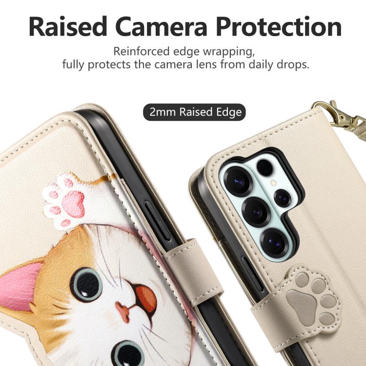 For Galaxy S25 Ultra 5G Cat-shaped Zipper Wallet Vegan Leather Phone Case with Strap