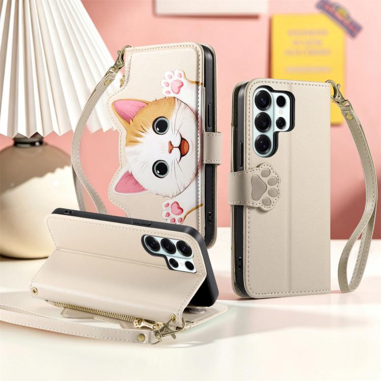 For Galaxy S25 Ultra 5G Cat-shaped Zipper Wallet Vegan Leather Phone Case with Strap