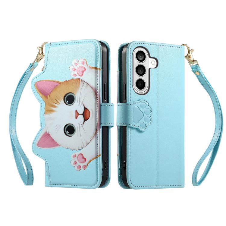 For Galaxy S23 5G Cat-shaped Zipper Wallet Vegan Leather Phone Case with Strap