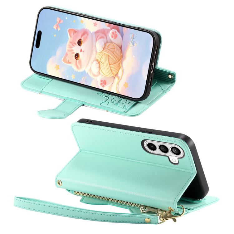 For Galaxy S23 5G Cat-shaped Zipper Wallet Vegan Leather Phone Case with Strap
