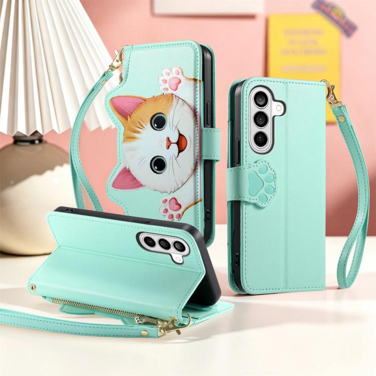 For Galaxy S23 5G Cat-shaped Zipper Wallet Vegan Leather Phone Case with Strap