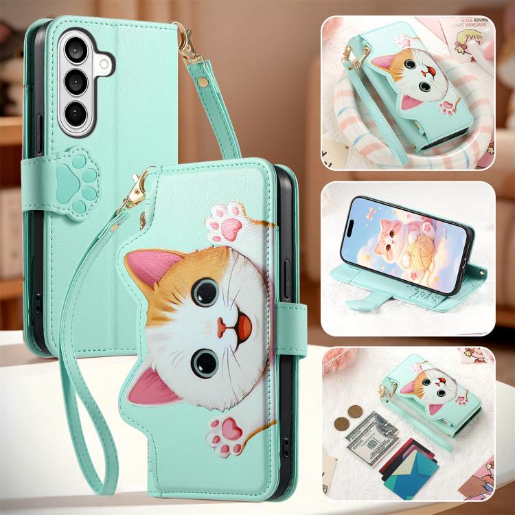 For Galaxy S23 5G Cat-shaped Zipper Wallet Vegan Leather Phone Case with Strap