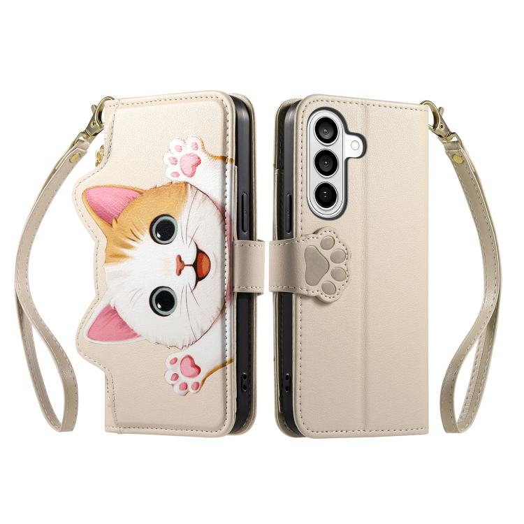 For Galaxy S23 5G Cat-shaped Zipper Wallet Vegan Leather Phone Case with Strap