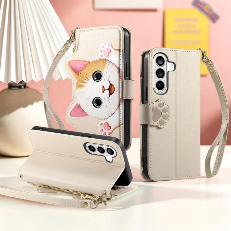 For Galaxy S23 5G Cat-shaped Zipper Wallet Vegan Leather Phone Case with Strap