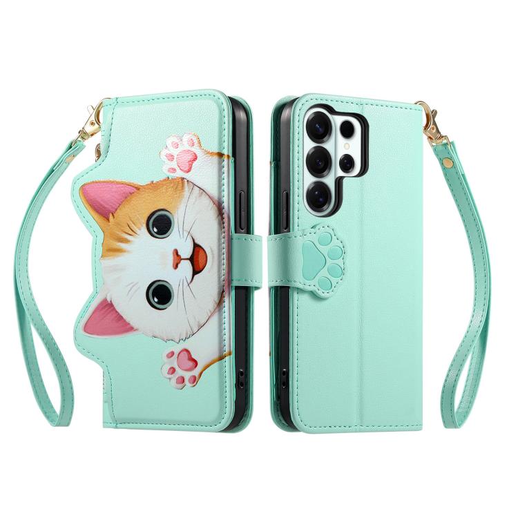 For Galaxy S23 Ultra 5G Cat-shaped Zipper Wallet Vegan Leather Phone Case with Strap