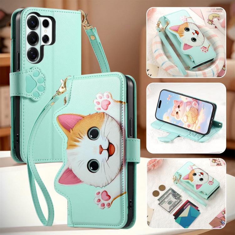 For Galaxy S23 Ultra 5G Cat-shaped Zipper Wallet Vegan Leather Phone Case with Strap