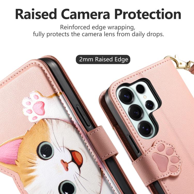 For Galaxy S23 Ultra 5G Cat-shaped Zipper Wallet Vegan Leather Phone Case with Strap