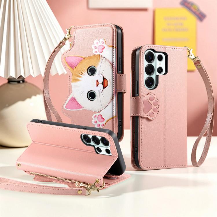 For Galaxy S23 Ultra 5G Cat-shaped Zipper Wallet Vegan Leather Phone Case with Strap