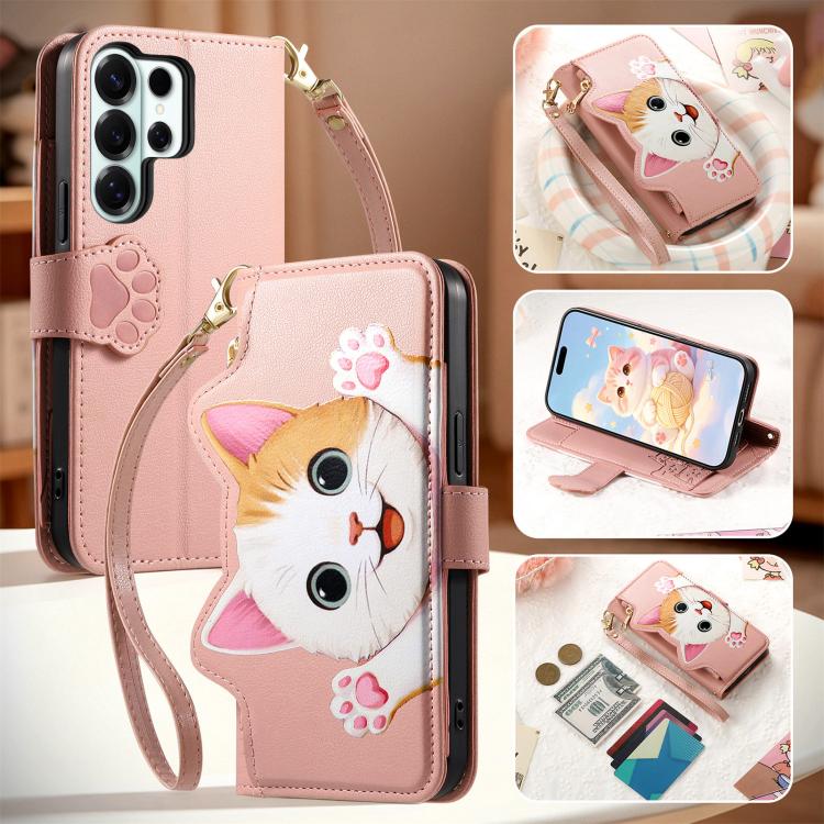 For Galaxy S23 Ultra 5G Cat-shaped Zipper Wallet Vegan Leather Phone Case with Strap