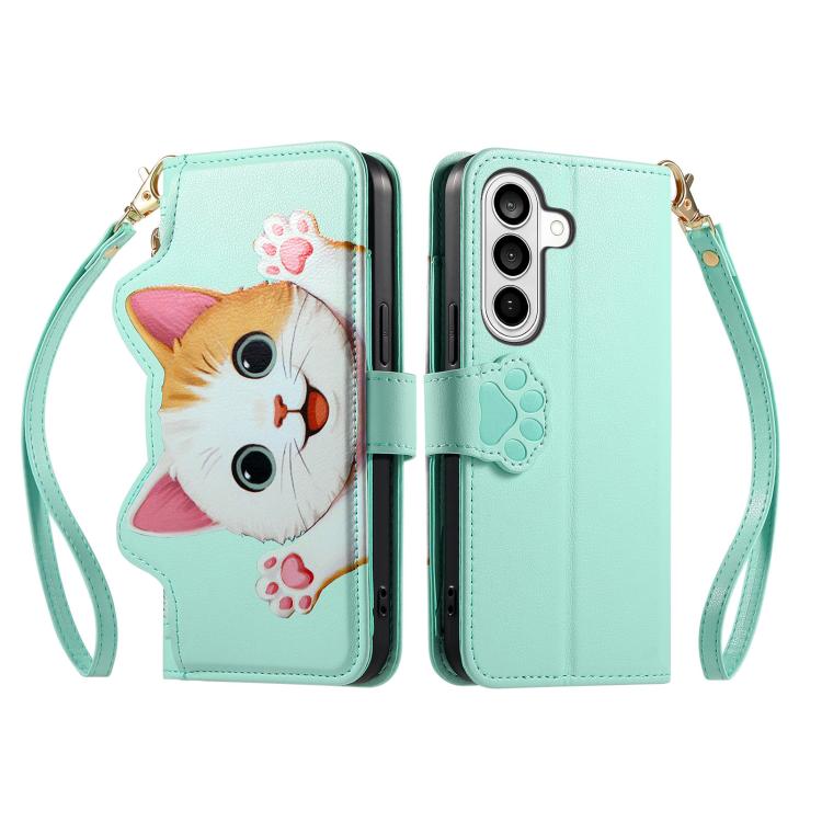 For Galaxy S22 5G Cat-shaped Zipper Wallet Vegan Leather Phone Case with Strap