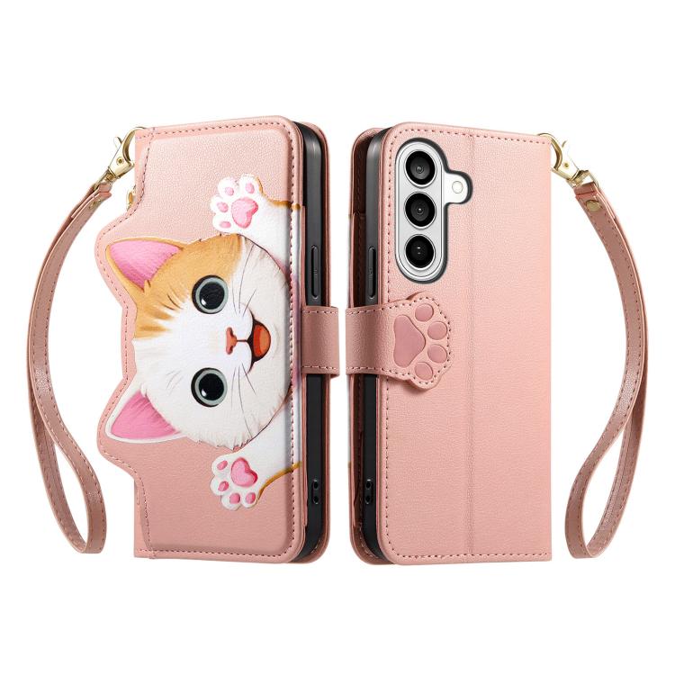 For Galaxy S22 5G Cat-shaped Zipper Wallet Vegan Leather Phone Case with Strap