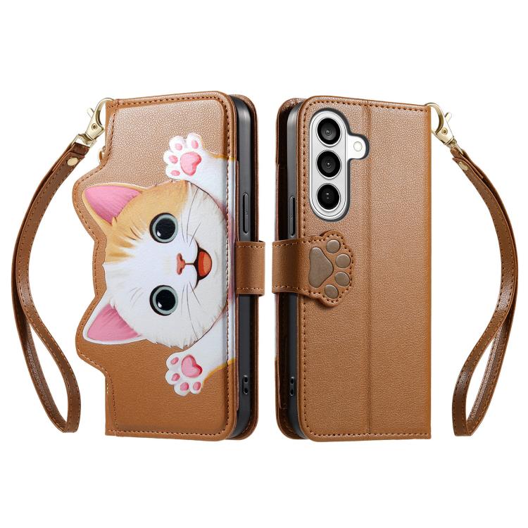 For Galaxy S21+5G Cat-shaped Zipper Wallet Vegan Leather Phone Case with Strap