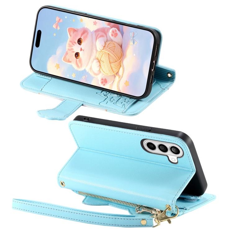 For Galaxy S21+5G Cat-shaped Zipper Wallet Vegan Leather Phone Case with Strap