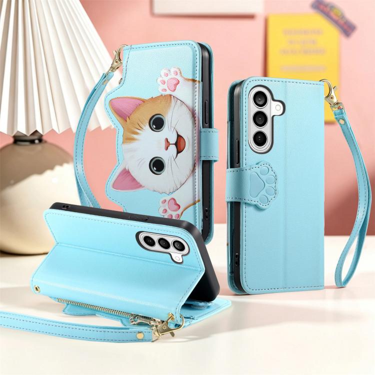 For Galaxy S21+5G Cat-shaped Zipper Wallet Vegan Leather Phone Case with Strap