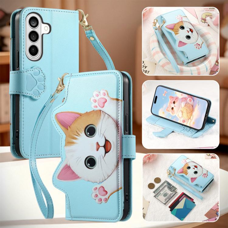 For Galaxy S21+5G Cat-shaped Zipper Wallet Vegan Leather Phone Case with Strap