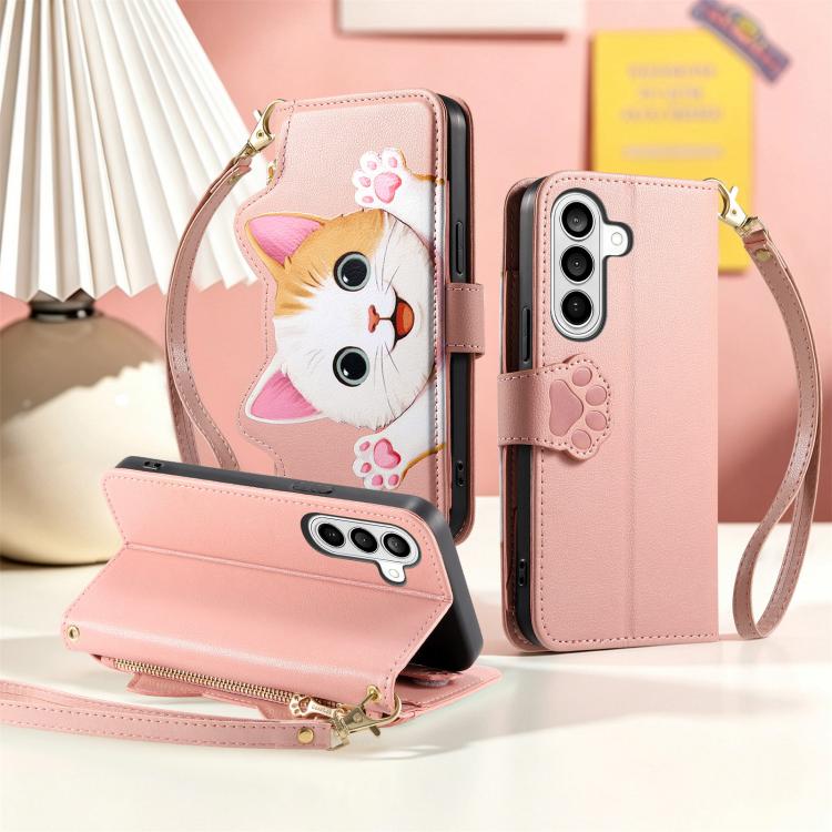For Galaxy S21+5G Cat-shaped Zipper Wallet Vegan Leather Phone Case with Strap