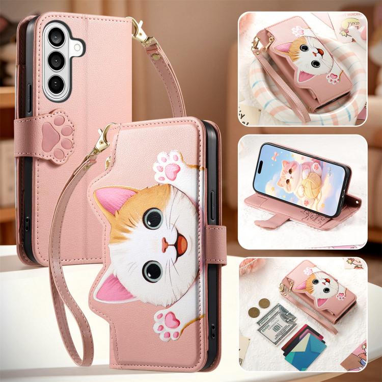 For Galaxy S21+5G Cat-shaped Zipper Wallet Vegan Leather Phone Case with Strap