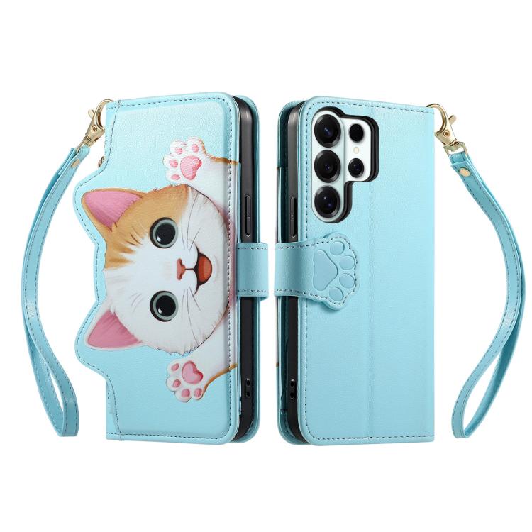 For Galaxy S21 Ultra 5G Cat-shaped Zipper Wallet Vegan Leather Phone Case with Strap