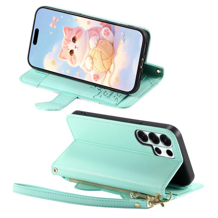 For Galaxy S21 Ultra 5G Cat-shaped Zipper Wallet Vegan Leather Phone Case with Strap