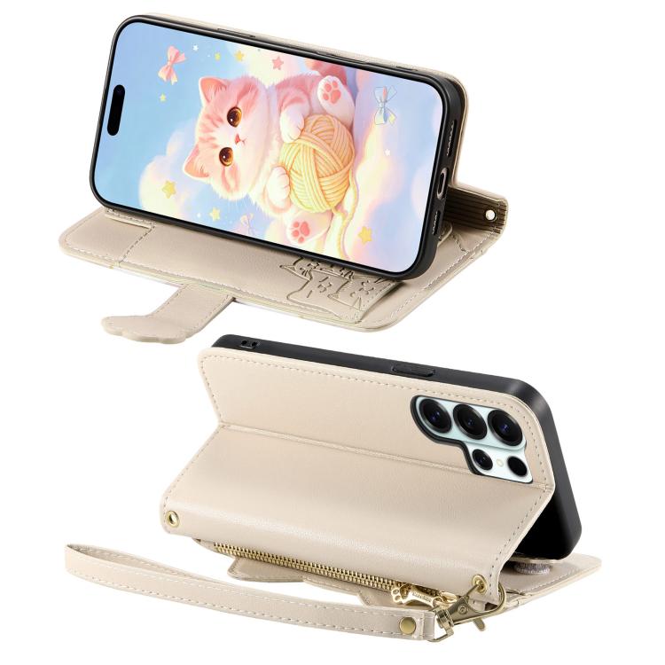 For Galaxy S21 Ultra 5G Cat-shaped Zipper Wallet Vegan Leather Phone Case with Strap