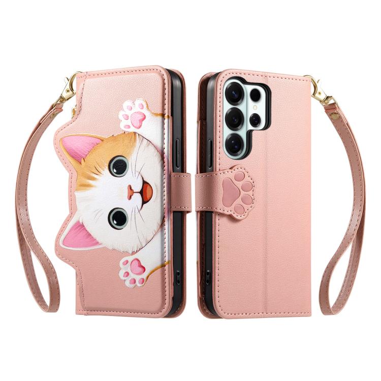 For Galaxy S21 Ultra 5G Cat-shaped Zipper Wallet Vegan Leather Phone Case with Strap