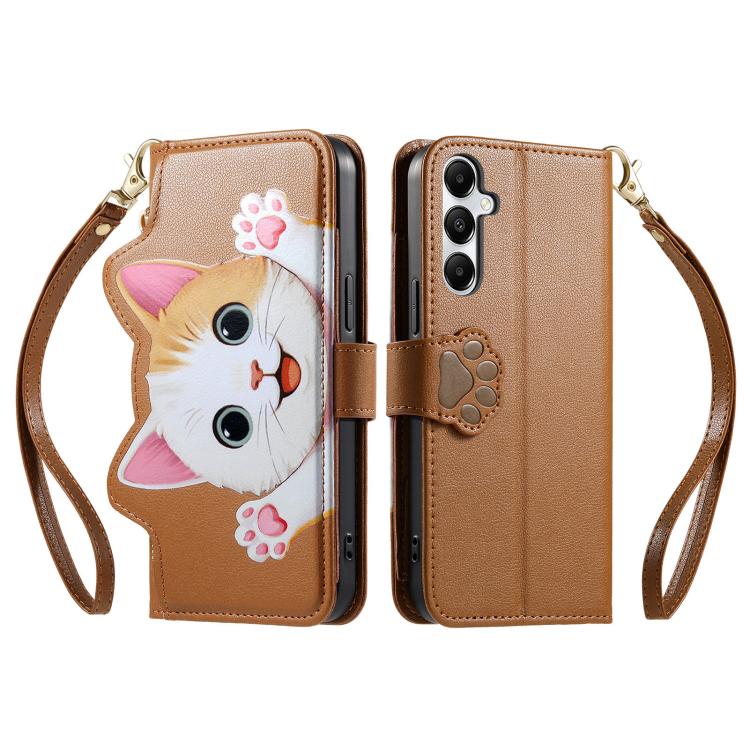 For Galaxy A05s Cat-shaped Zipper Wallet Vegan Leather Phone Case with Strap