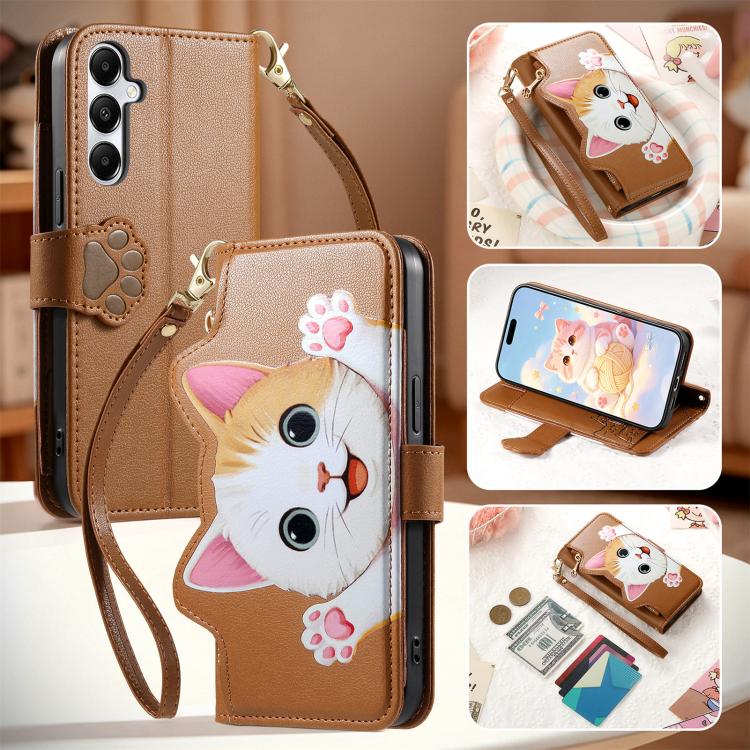 For Galaxy A25 5G Cat-shaped Zipper Wallet Vegan Leather Phone Case with Strap