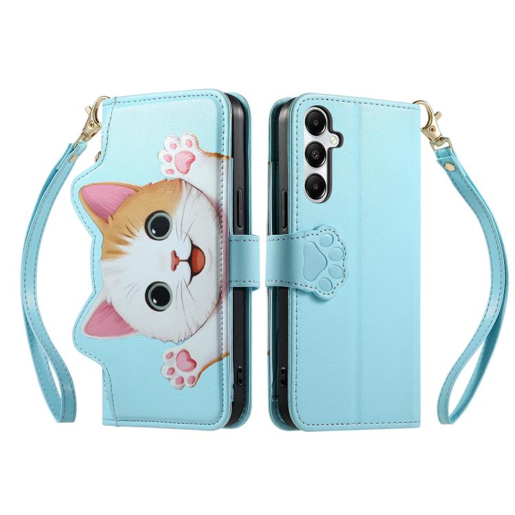 For Galaxy A25 5G Cat-shaped Zipper Wallet Vegan Leather Phone Case with Strap
