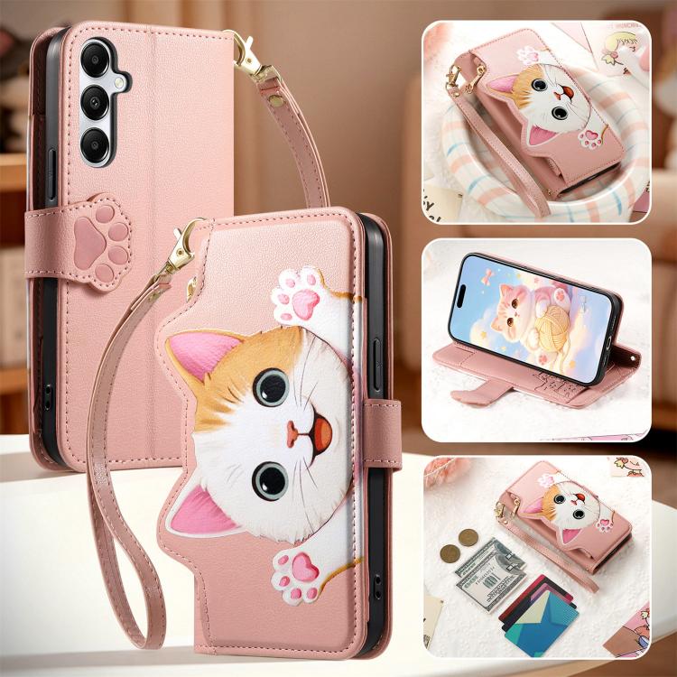 For Galaxy A25 5G Cat-shaped Zipper Wallet Vegan Leather Phone Case with Strap