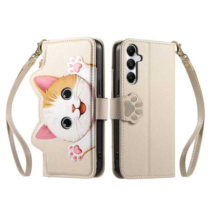 For Galaxy A26 5G Cat-shaped Zipper Wallet Vegan Leather Phone Case with Strap
