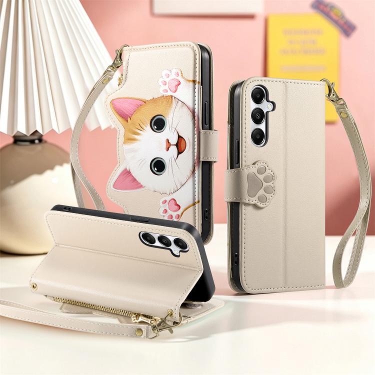 For Galaxy A26 5G Cat-shaped Zipper Wallet Vegan Leather Phone Case with Strap