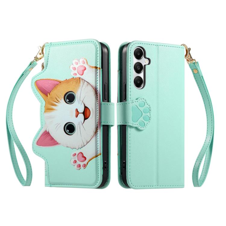 For Galaxy A17 5G Cat-shaped Zipper Wallet Vegan Leather Phone Case with Strap