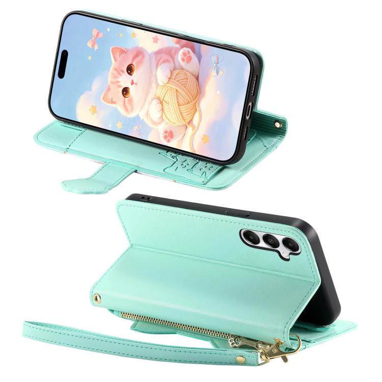 For Galaxy A17 5G Cat-shaped Zipper Wallet Vegan Leather Phone Case with Strap