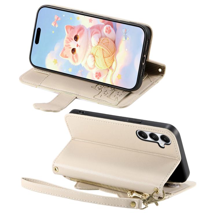 For Galaxy A17 5G Cat-shaped Zipper Wallet Vegan Leather Phone Case with Strap