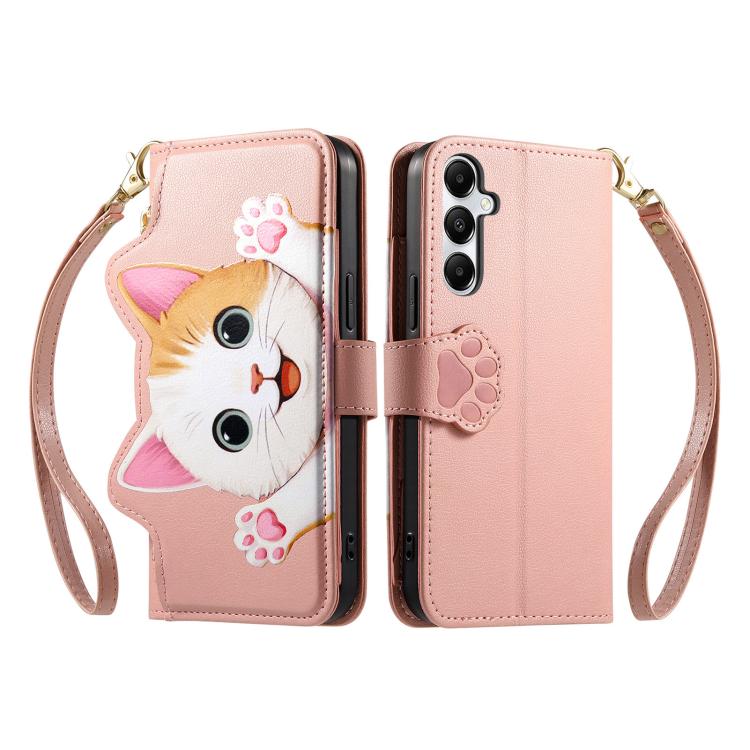 For Galaxy A17 5G Cat-shaped Zipper Wallet Vegan Leather Phone Case with Strap